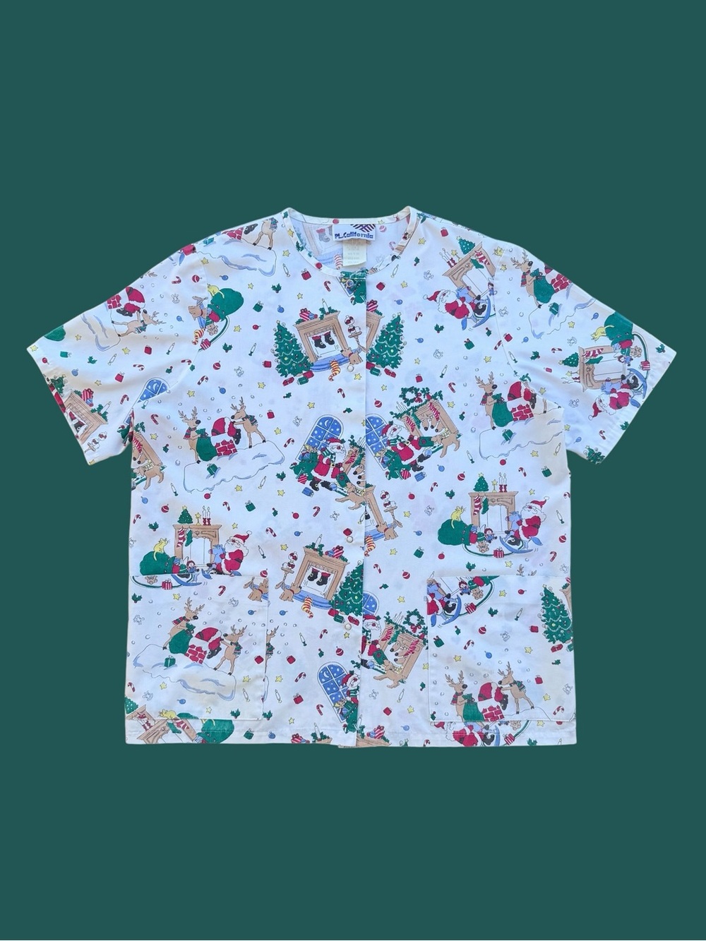 Santa, Reindeer and Gifts Christmas Print Snap Button Front Scrubs Top, Unisex L